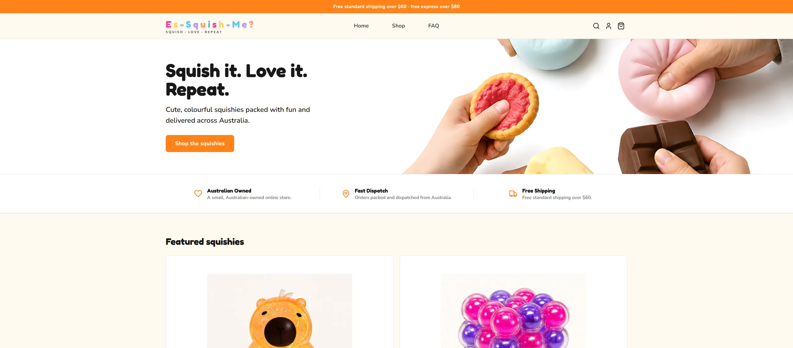 The Es-Squish-Me online store homepage